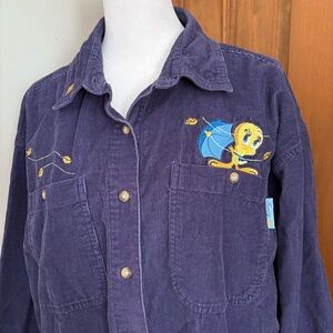 Vintage Looney Tunes XL Extra Large Corduroy Tweety Bird Button Up Shirt Shacket